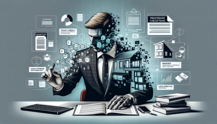 Professional UK landlord in a modern office reviewing tenancy agreements, checklists, and software, surrounded by legal books.