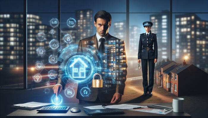 A determined landlord reviews rent tracking software on high-tech screens in a modern UK office, while a bailiff prepares for apartment repossession.