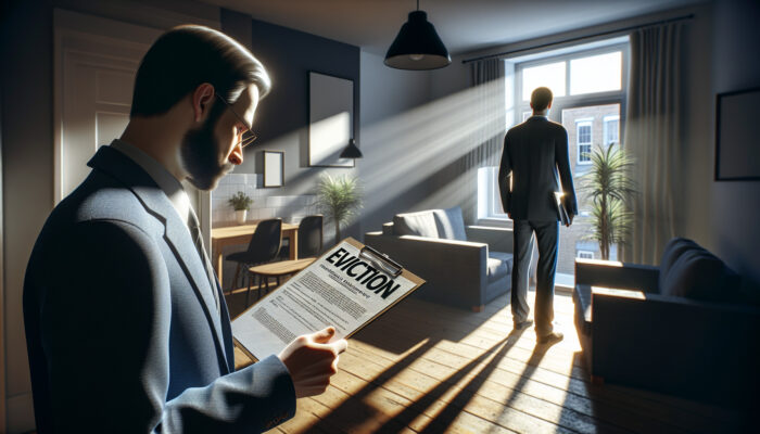 Landlord in suit hands eviction notice to tenant in modern UK flat, inspecting living room with clipboard and sunlight through windows.