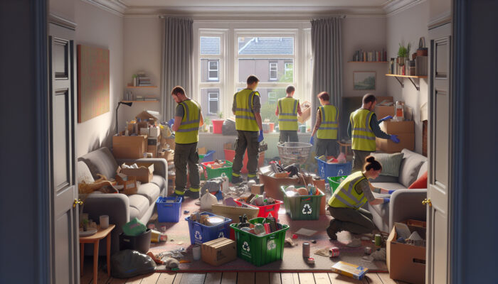 Busy house clearance in Dundee: workers in hi-vis vests sort items into recycling bins, donation boxes, and waste piles under soft daylight.
