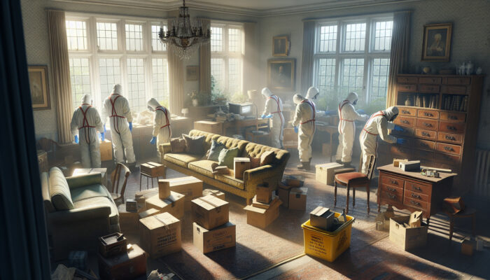 Workers in protective gear sort cluttered living room items, packing furniture and boxes into a moving van with sunlight through dusty windows.