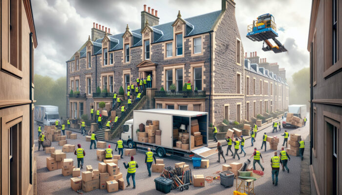 Workers in hi-vis vests haul furniture and boxes from a Victorian house in Dundee to a truck, with tools scattered under a cloudy sky.