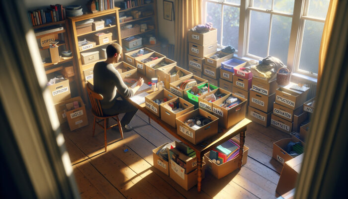 In a cluttered London terraced house, an organizer sorts items on a wooden table into labeled boxes for sale, donation, and disposal under sunlight.