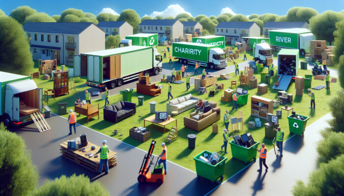 Eco-conscious workers in the UK sort items for house clearance, donating furniture to charity trucks and recycling electronics amid lush greenery and sunny skies.
