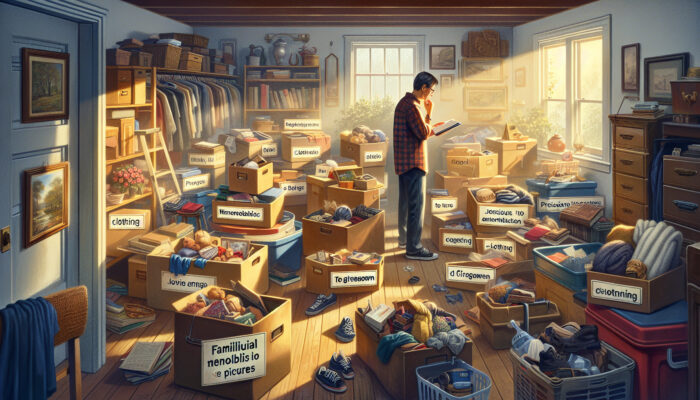 Homeowner in cluttered attic sorts items into labeled boxes: keep with family photos, donate clothes, sell antiques, dispose junk under sunlight.