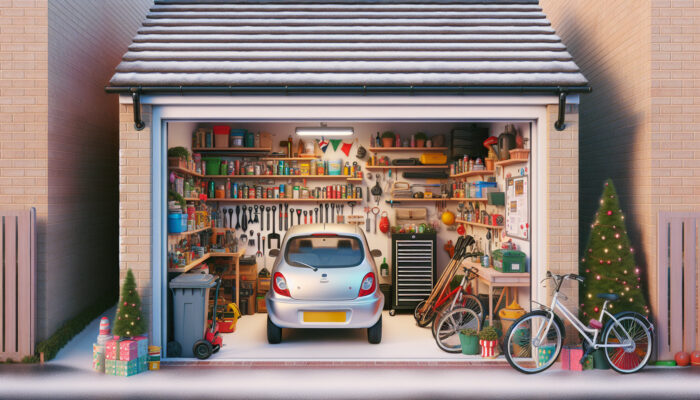 A cluttered compact UK garage with a small car, shelves of tools, a lawnmower, bicycles, and seasonal decorations.