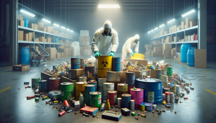 A worker in protective gear sorts hazardous materials like paint cans and batteries into labeled bins in a cluttered UK garage.