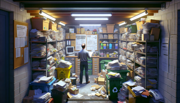 A UK homeowner in a cluttered garage reviews waste documents amid sorted junk, recycling bins, and fluorescent lights, emphasizing compliance.