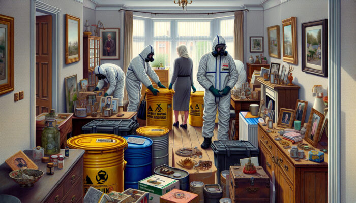 Workers in protective gear handle hazardous chemicals and waste in a cluttered UK home, while carefully packing sentimental heirlooms.