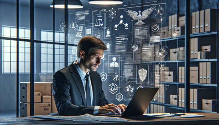 Focused professional in a modern office reviews packing regulations on a laptop, surrounded by shipping boxes, compliance stickers, and scales of justice.