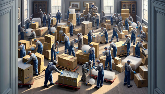 In a UK home, workers wrap fragile glassware and electronics in bubble wrap, while loading heavy items onto secured dollies for safety.