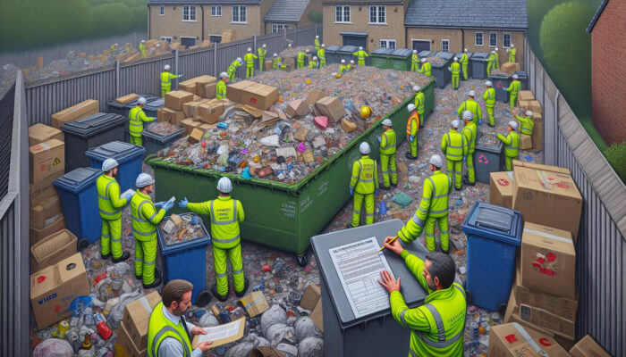 Workers in high-visibility gear sign a waste transfer note at a busy UK house clearance site, sorting overflowing bins amid recycling symbols.