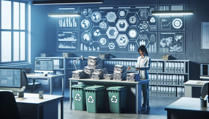 Focused inspector reviews waste documents in a modern UK office, surrounded by recycling bins, charts, and filing cabinets under fluorescent lights.