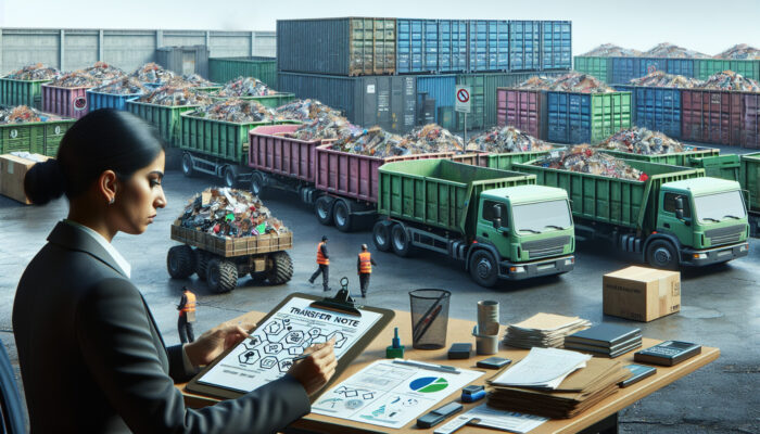 UK waste management official reviews transfer note at busy facility with sorted bins, trucks, and gray sky.