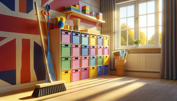 A sturdy B&Q broom leans against a wooden shelf stocked with microfibre dusters and colorful storage boxes in warm sunlight.