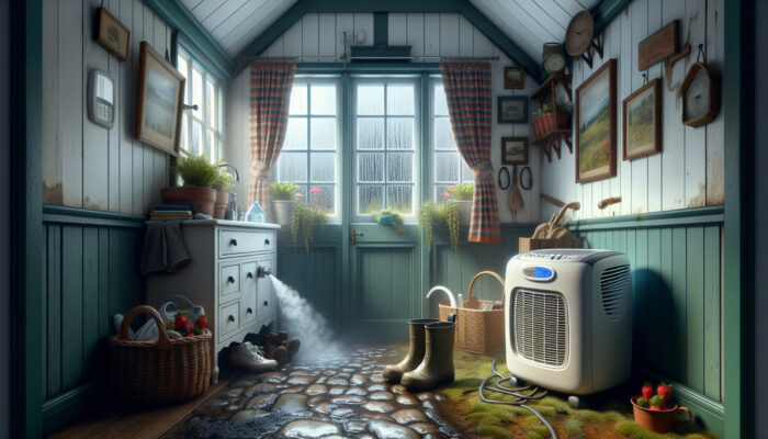 A cozy British cottage in rainy winter, with a dehumidifier in a steamy bathroom, open windows preventing mould, and summer clutter in the hallway.
