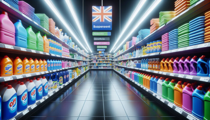 A vibrant UK supermarket aisle with budget cleaning supplies: disinfectants, microfibre cloths, vinegar, baking soda, and bulk packages under fluorescent lights.