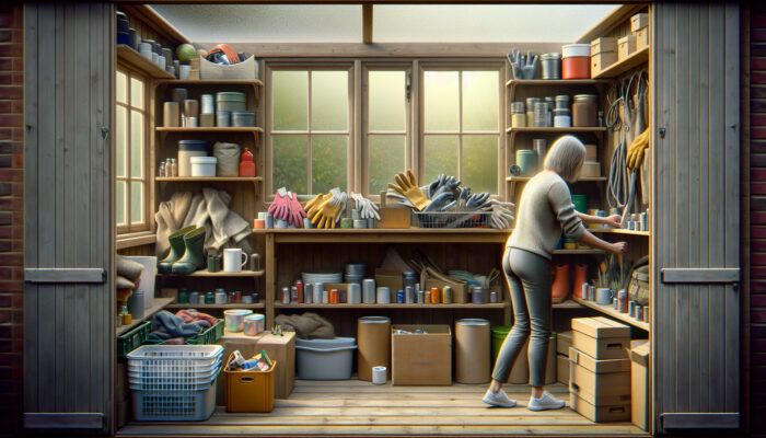 A cluttered UK garden shed with tools, gloves, and boxes as a homeowner sorts items on wooden shelves in soft daylight.