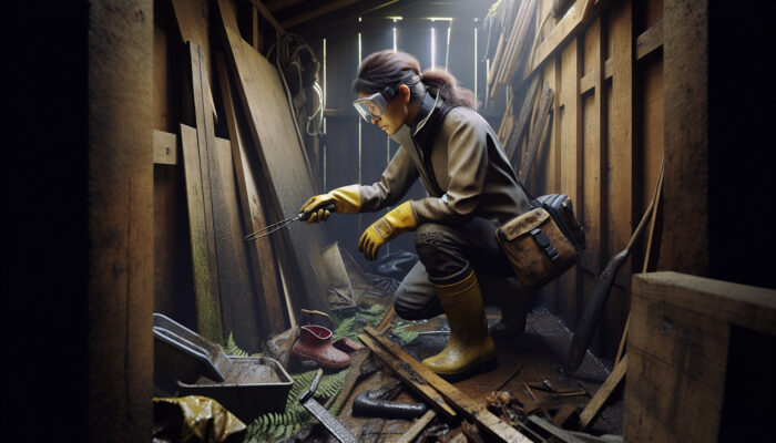 A worker in a damp, cluttered UK shed wears safety gear while clearing tools, debris, and inspecting for mould on walls.