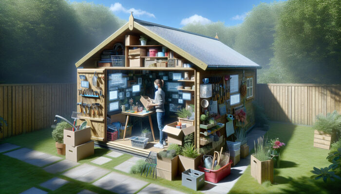 A person meticulously clearing a traditional UK garden shed, handling seasonal items and tools safely on a sunny day.
