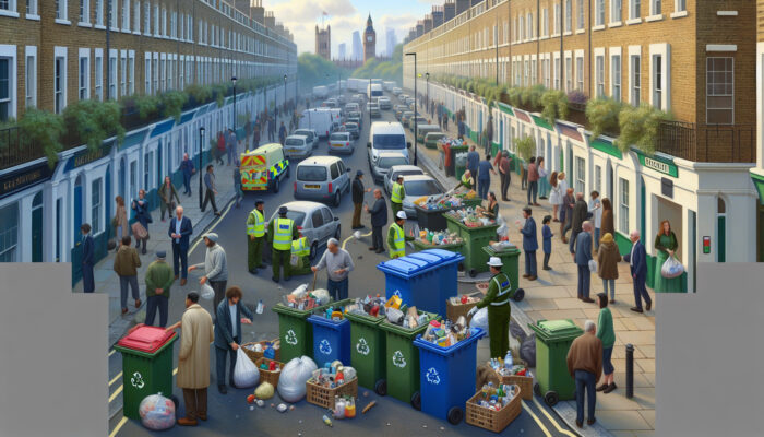 A vibrant London street under overcast skies, with residents sorting waste into color-coded bins: blue for recyclables, green for general refuse, and red for hazardous materials, as inspectors enforce environmental laws.