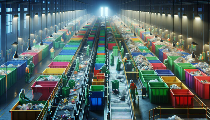 Workers in protective gear sort mixed waste on conveyor belts into colorful bins for plastics, paper, glass, and organics in a bright recycling facility.