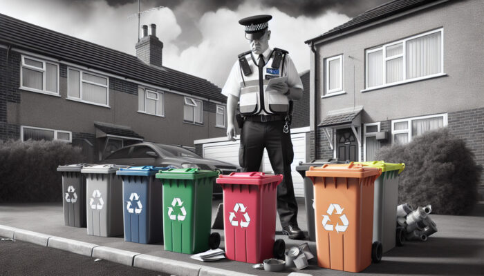 Stern enforcement officer in high-visibility vest inspects sorted waste bins outside a UK suburban home, with recycling symbols and documents under gray sky.