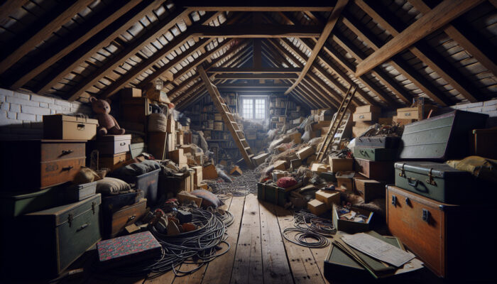 Cluttered UK loft with slanted wooden beams, stacked boxes, old furniture, dusty suitcases, forgotten toys, and tangled cables in dim light.