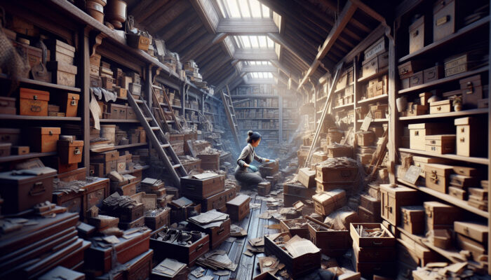 In a cluttered attic, a person in gloves sorts dusty boxes and old furniture into organized stacks, with sunlight from a window.