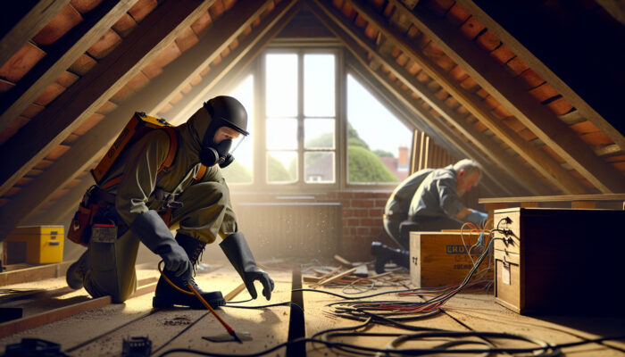 A worker in a cluttered UK loft, wearing mask, gloves, and boots, inspects unstable flooring and wiring as a partner assists, with light from a ventilated window.