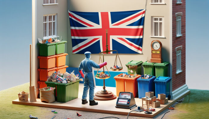 Illustration of eco-friendly cleaning in a modern UK home: professional sorting waste into color-coded bins under Union Jack and legal scales.