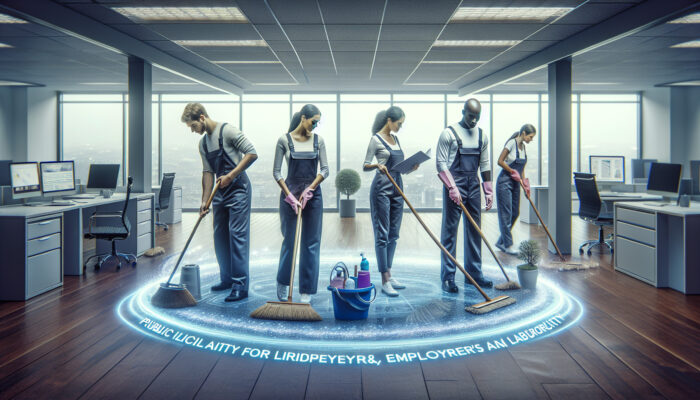 A diligent cleaning team in a modern UK office, protected by a glowing insurance barrier, with brooms, buckets, and legal documents.