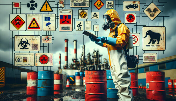 A cleaner in hazmat gear examines a waste carrier's licence while handling hazardous chemical barrels in a UK industrial site, surrounded by safety signs under overcast skies.