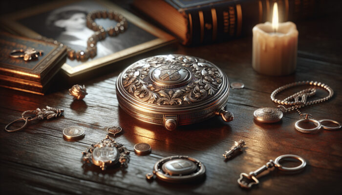 A Victorian silver locket engraved with family crests on an antique oak table, surrounded by faded sepia photos and heirloom jewelry, illuminated by warm candlelight.