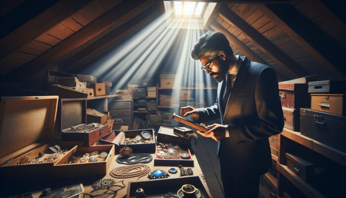 A professional appraiser examines antique jewelry, vintage photos, and heirloom furniture in a dimly lit attic during house clearance.