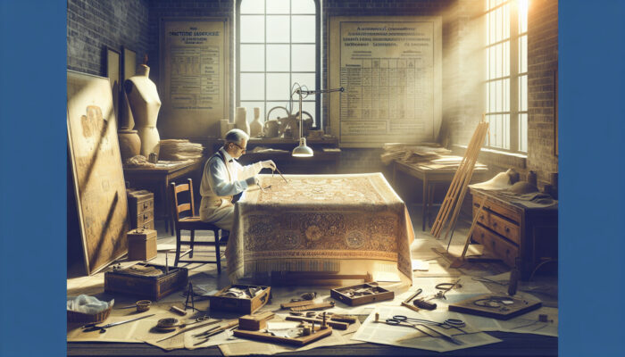 A conservator restores a fragile aged textile in a sunlit UK workshop, surrounded by artworks, tools, and documents.
