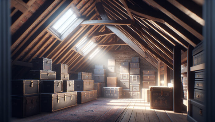 In a dimly lit UK attic with wooden beams, sturdy stackable boxes protect heirlooms from humidity and temperature changes.