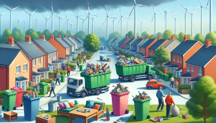 Residents in a vibrant UK neighborhood sort recyclables into colorful bins, repurpose furniture, and load eco-friendly trucks near wind turbines and green parks.