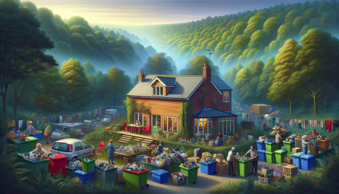 People in a UK home sorting recyclables and second-hand items, with lush forests and thriving wildlife in the background.