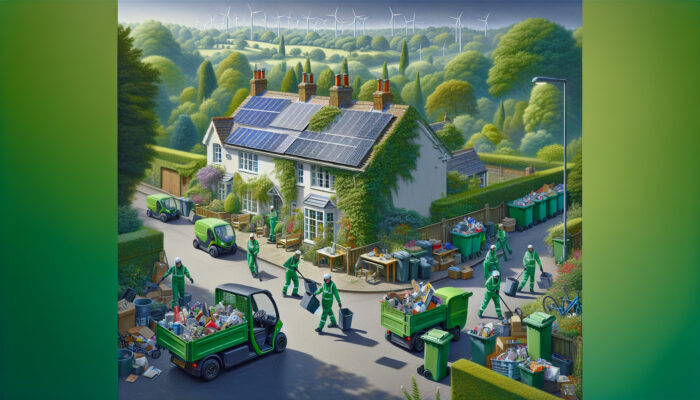 Eco-experts in green uniforms clear clutter from a UK suburban home using electric vehicles, sorting recyclables amid lush foliage and solar panels.
