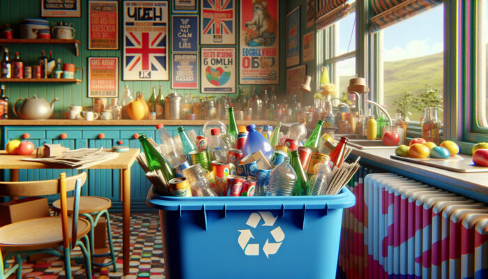UK kitchen with a blue recycling bin overflowing with newspapers, cardboard, glass bottles, plastic containers, metal cans, and eco posters in natural light.