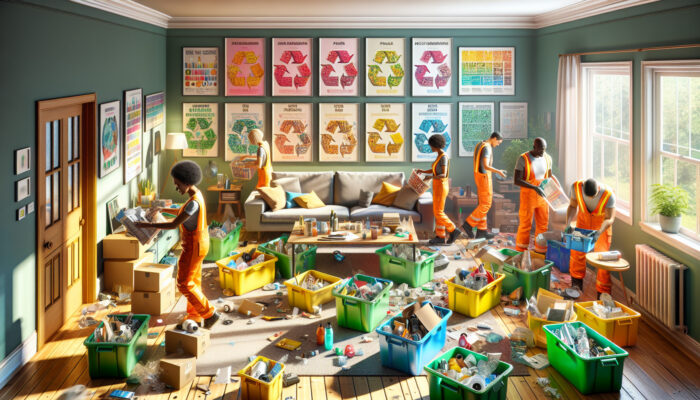 Workers sorting paper, plastics, and electronics into color-coded bins in a sunlit living room, with posters on eco-friendly practices.