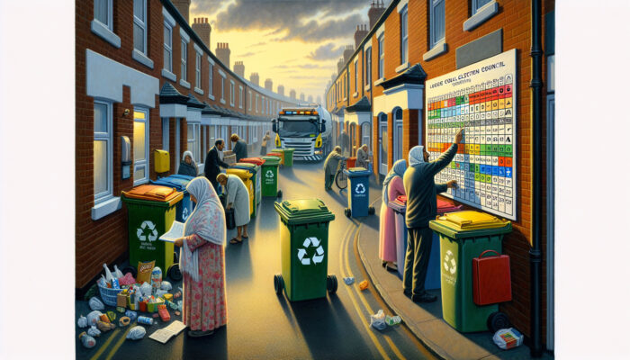 Busy UK street at dawn: residents sorting recyclables into colorful bins, family checking calendar, as collection truck approaches under overcast skies.