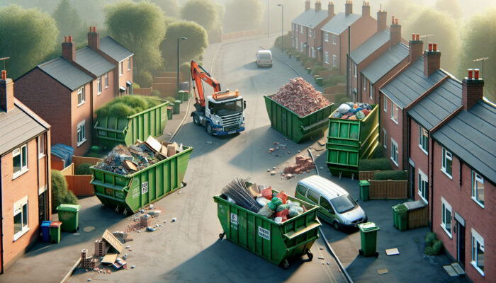 Lineup of UK skips on a suburban street: mini with garden waste, midi for renovations, builders with debris, and large skip.