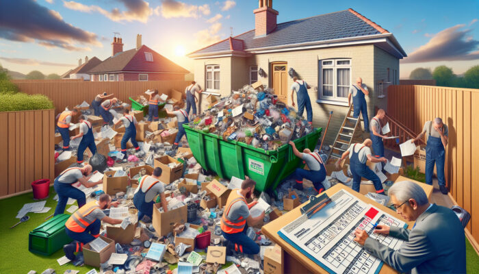Suburban home with overflowing skip bin, workers sorting waste, circled 14-day calendar, worried owner reviewing bill under sunny sky.