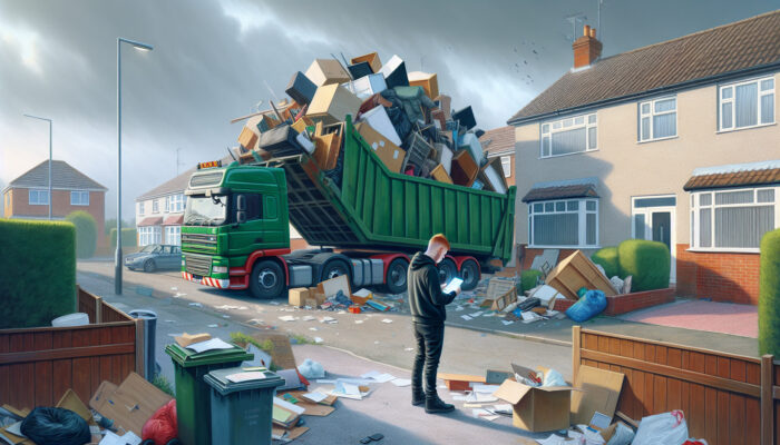 UK street scene: Truck delivers green skip to suburban home; homeowner checks phone for sizes amid piled waste under overcast skies.