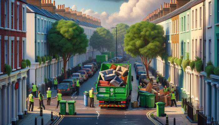 UK street scene: Residents loading sofas and chairs onto a green council truck, with workers in hi-vis vests, recycling bins, and trees under a cloudy sky.