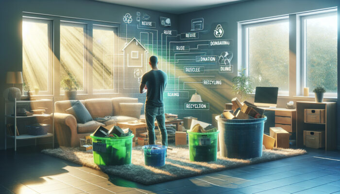 A person in a sunlit UK living room sorts furniture into piles for reuse, donation, recycling, and disposal, using labeled boxes and eco-friendly bins.
