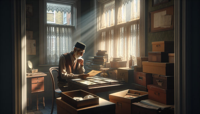 Dimly lit London terrace house: elderly person sifting through dusty family photos and heirlooms, sunlight on packed boxes.
