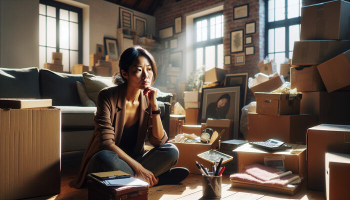 A woman sits thoughtfully in a sunlit, cluttered living room surrounded by packed boxes, family photos, and heirlooms, reflecting emotionally.